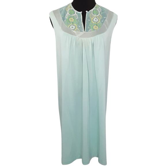 Vintage 1960s Satin Nightgown Sheer Embroidered Lingerie Sleep Dress M Nightie - Picture 1 of 12
